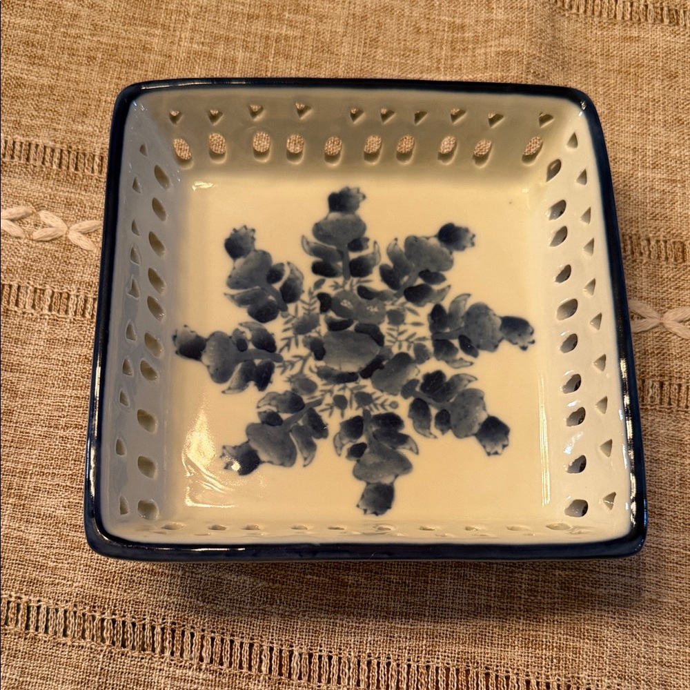 Square Ceramic Trinket Dish with Delft Blue Style Floral Design